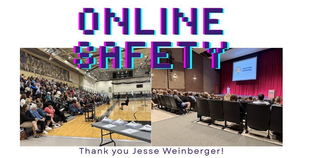two pictures from a gym and theatre with online safety in big letters