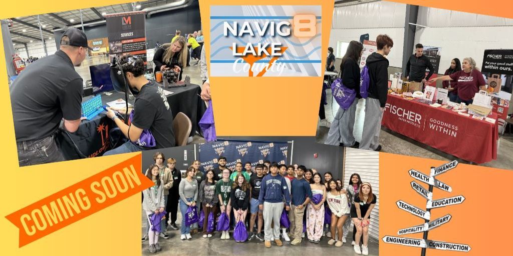 navig8 logo with students at a conference yellow and orange logo and background