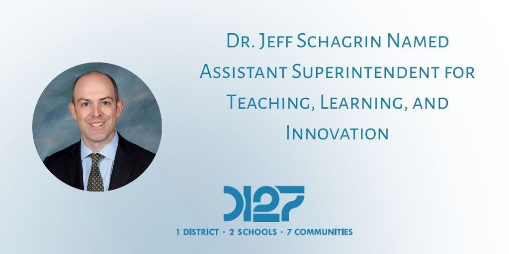 blue background with Jeff's school picture and D127 logo