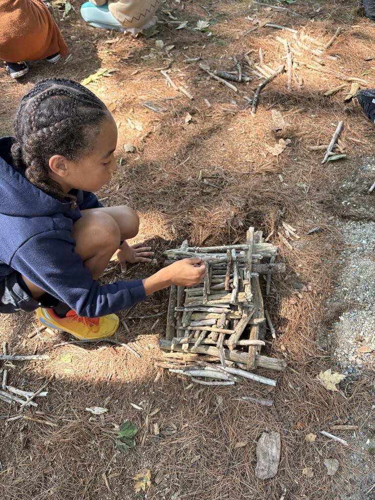 Students are using this outdoor wooded space above the GSB parking area to build a miniature model of an ancient civilization.