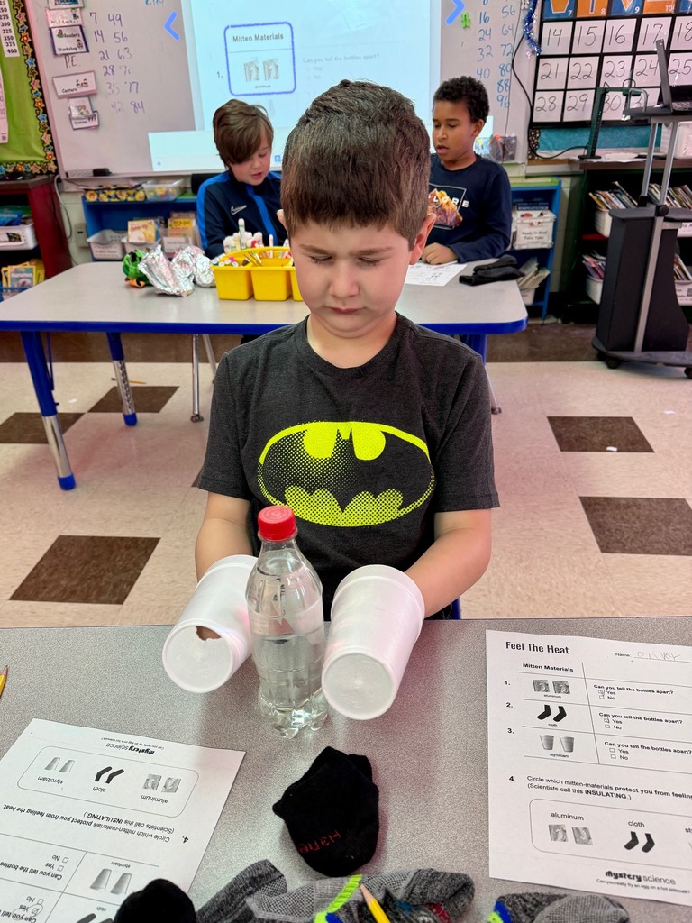 Mrs. Flewelling’s class testing out materials for the property of insulating!