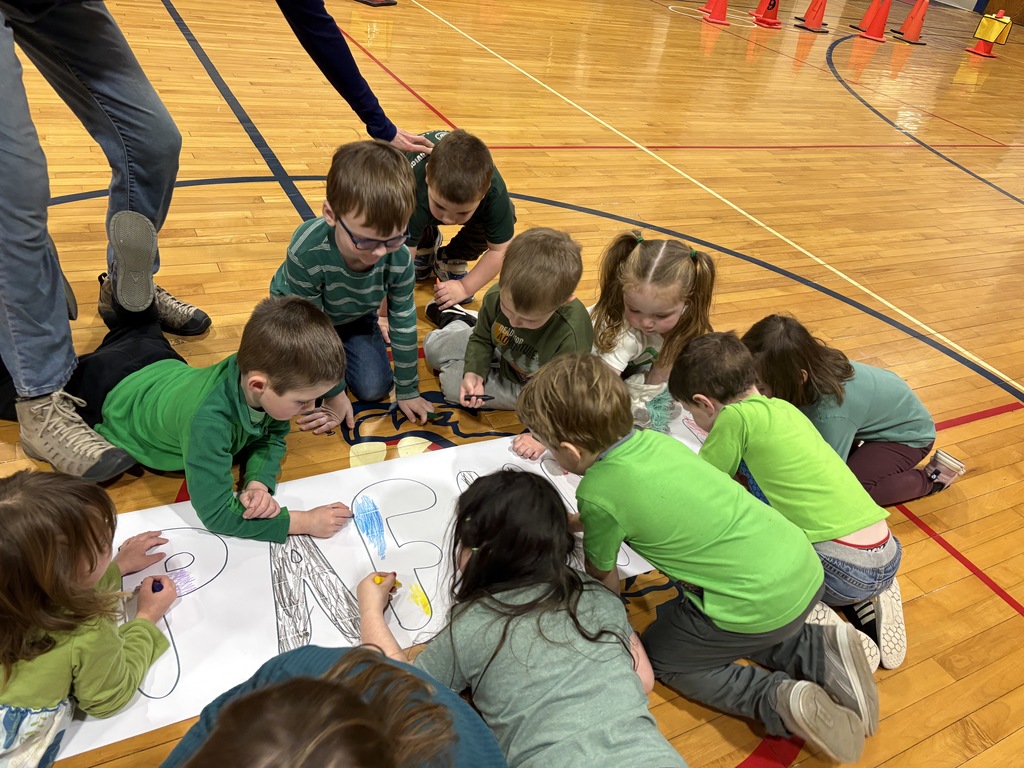 PreK and k preparing their “country flag” for WinterFest Olympics this Friday and practicing their bobsledding! 