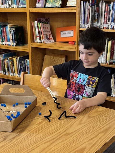 Mrs Ball's class practiced with tricky chopsticks" of their very own after reading the Chickadee Award nominated "Tricky Chopsticks" by Sylvia Chen.