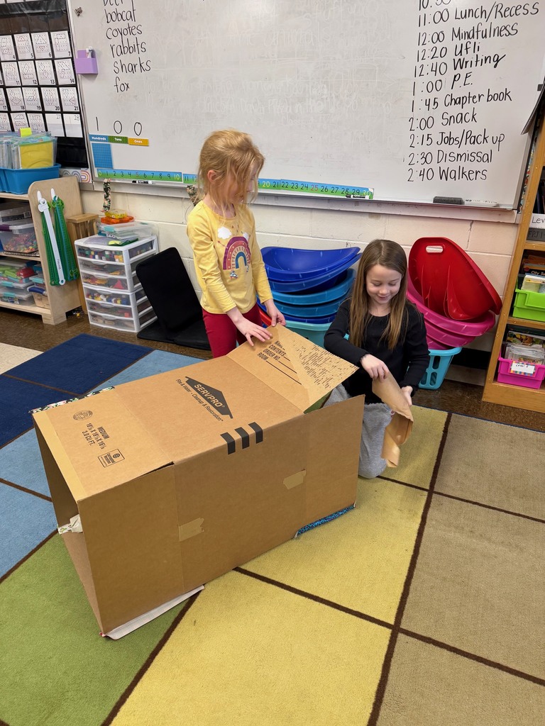Mrs. Verney’s class voted on cardboard box forts and stuffy day for their reward after filling their sticker chart! Look at the creativity!