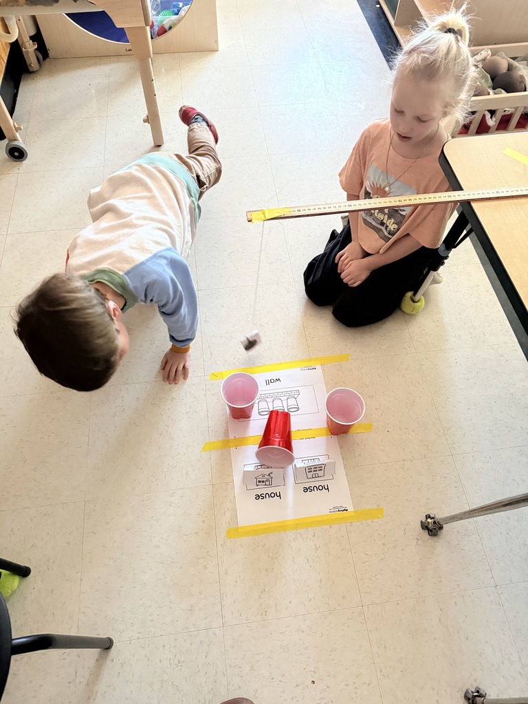 Kindergarten learning about pushes and pulls.  Their challenge was to swing the paper wrecking ball and knock over the solo cup wall without hitting the paper houses. 