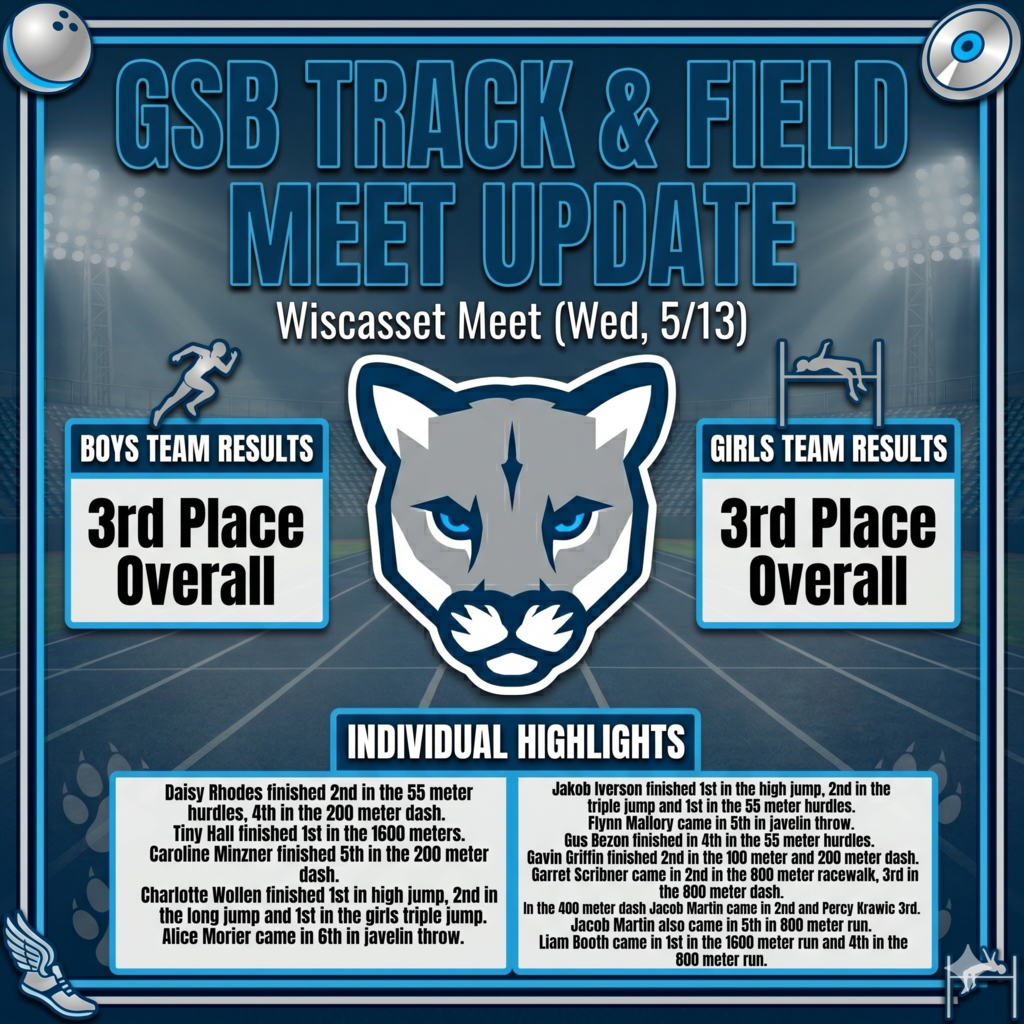 On Wednesday, 5/13, GSB's Track & Field team competed at a meet in Wiscasset.  Overall, both the girls and boys finished in 3rd place. 