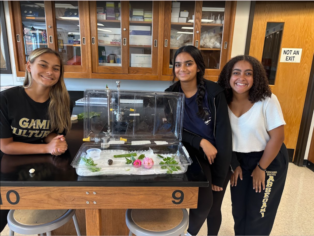 students stand with the slug houses