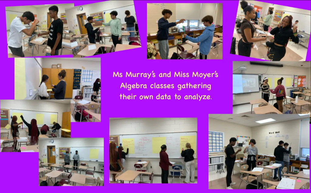 various pictures of students collecting data in groups