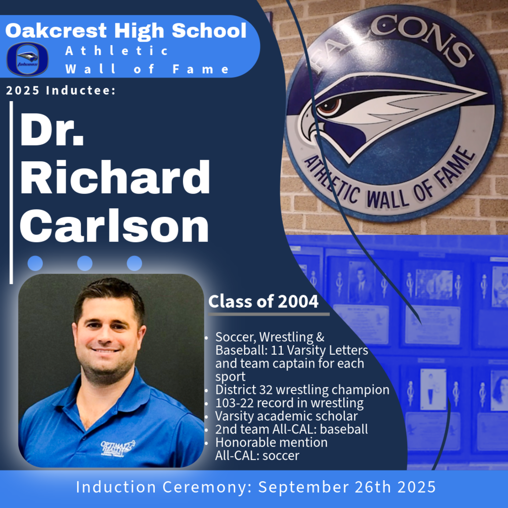 This Friday, September 26th, Oakcrest will induct Dr. Richard Carlson into the Athletic Wall of Fame. An 11-time varsity letter winner in soccer, wrestling and baseball, he was captain of all three teams in 2004. In wrestling, he was a three-time District 32 Champion with a 103–22 career record. He earned Honorable Mention All-CAL in soccer and 2nd Team All-CAL in baseball. He was also recognized as a Varsity Academic Scholar. Dr. Carlson is also the owner of Optimal Health Chiropractic and Physical Therapy in Egg Harbor Township, NJ and a professional team chiropractor for the 2019 Atlantic City Blackjacks.