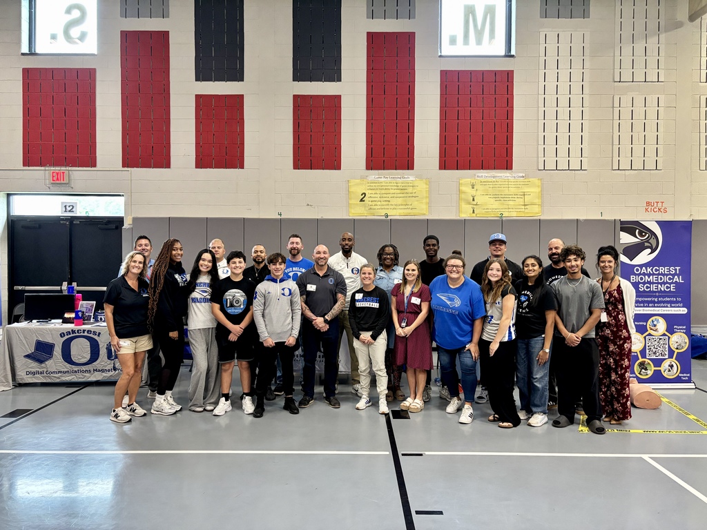 On 9/25, the Oakcrest Biomedical and Digital Communications magnet programs were joined by athletics coaches and administrators at William Davies Middle School for their annual high school fair. Students in 8th grade had the opportunity to speak with students enrolled in both magnet programs as well as advisors and coaches of athletics at Oakcrest. For more info about enrolling in a magnet program or athletics, visit oakcrest.net and click on the magnet or athletics tabs.