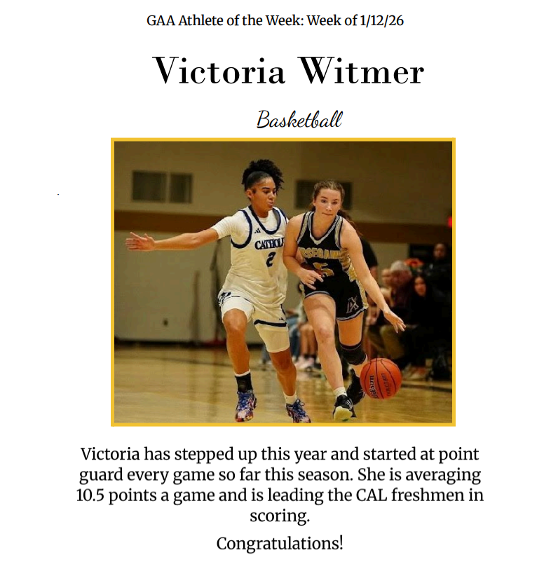 A basketball recognition displays two players in action. One player, Victoria Witmer, dribbles the ball. Caption reads her achievements.