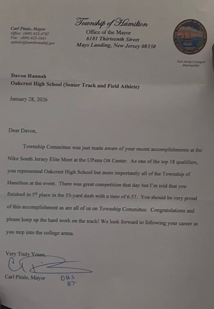 Letter to Da'von from Mayor Pitale