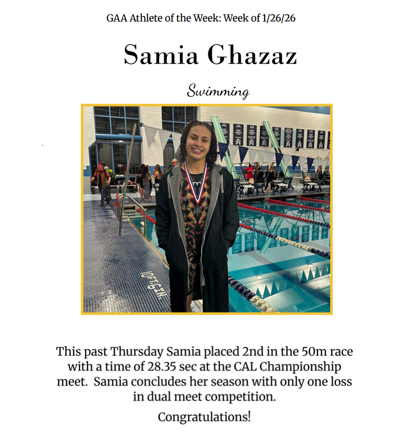Samia Ghazaz standing by a pool, wearing a medal. She placed 2nd in the 50m race at the CAL Championship.