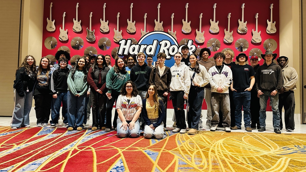 Group of students in front of a Hard Rock wall with guitars, posing for a photo.