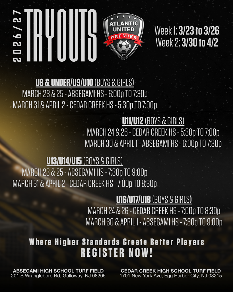 Age Group,Dates,Location,Time U8–U10,3/23 & 3/25,Absegami HS,6:00p–7:30p U8–U10,3/31 & 4/2,Cedar Creek HS,5:30p–7:00p U11–U12,3/24 & 3/26,Cedar Creek HS,5:30p–7:00p U11–U12,3/30 & 4/1,Absegami HS,6:00p–7:30p U13–U15,3/23 & 3/25,Absegami HS,7:30p–9:00p U13–U15,3/31 & 4/2,Cedar Creek HS,7:00p–8:30p U16–U18,3/24 & 3/26,Cedar Creek HS,7:00p–8:30p U16–U18,3/30 & 4/1,Absegami HS,7:30p–9:00p