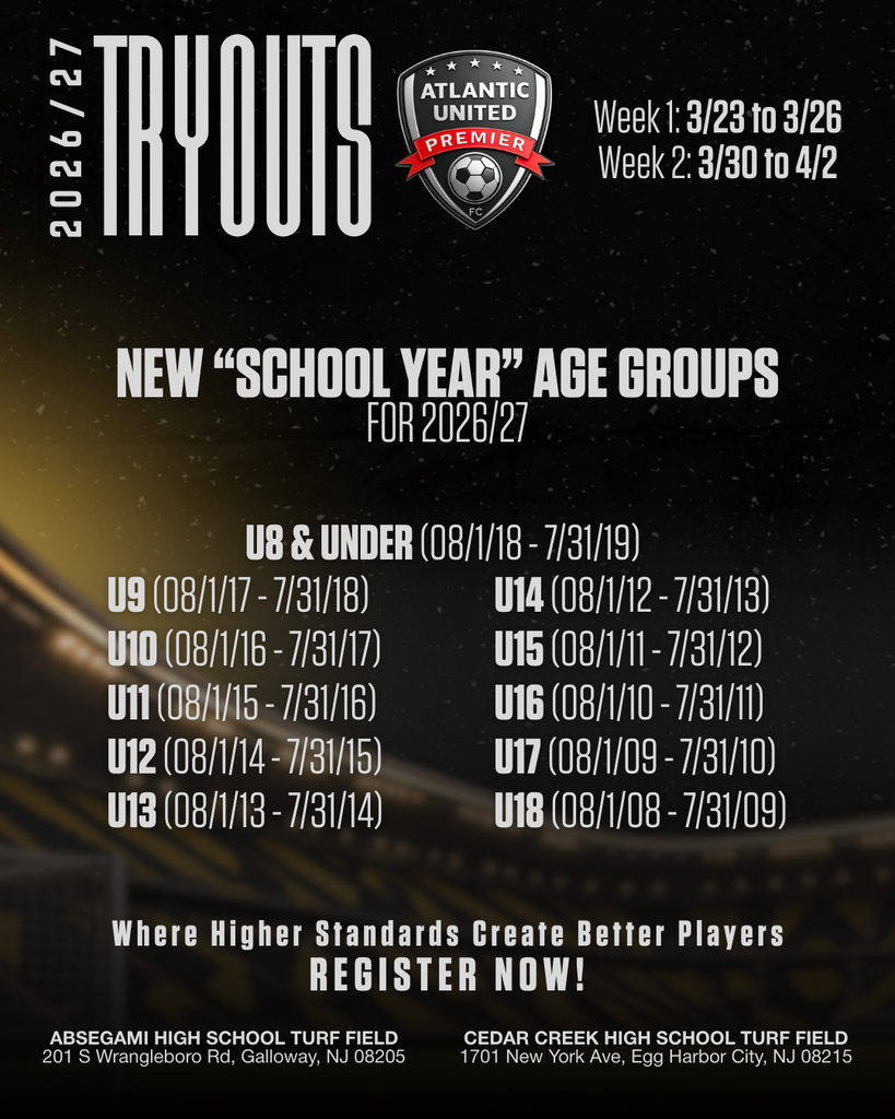 A flyer lists "2026/27 TRYOUTS" dates and new "school year" age groups, with two locations for tryouts.