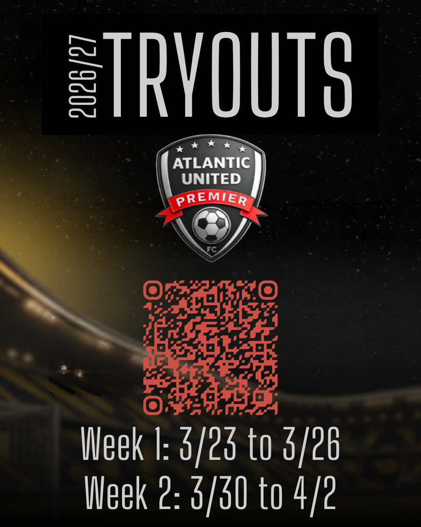 A sports recruitment flyer for Atlantic United Premier soccer. Dates for the first and second week.