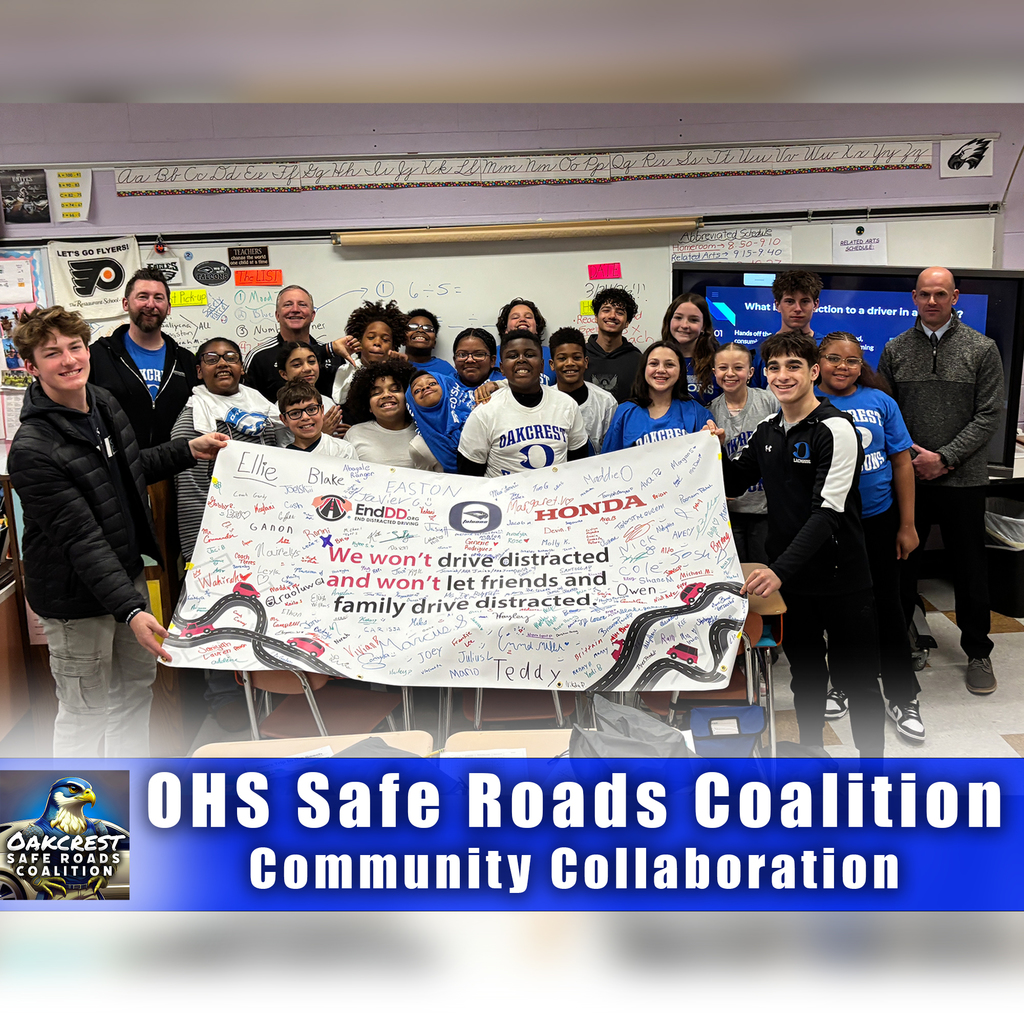 Recently, student leaders, along with advisors Kevin Costello and Jason Thomas from the Oakcrest Safe Roads Coalition traveled to the Hess School to share their campaign and safe roads message with students in 5th grade. Students created posters in art class and participated in activities about speaking up for safety in their school and community.
