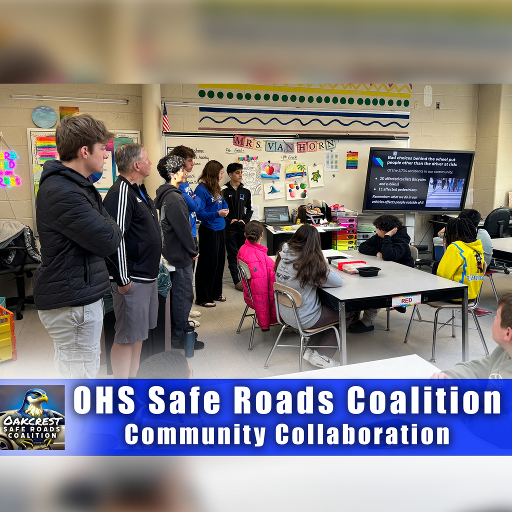 Recently, student leaders, along with advisors Kevin Costello and Jason Thomas from the Oakcrest Safe Roads Coalition traveled to the Hess School to share their campaign and safe roads message with students in 5th grade. Students created posters in art class and participated in activities about speaking up for safety in their school and community.