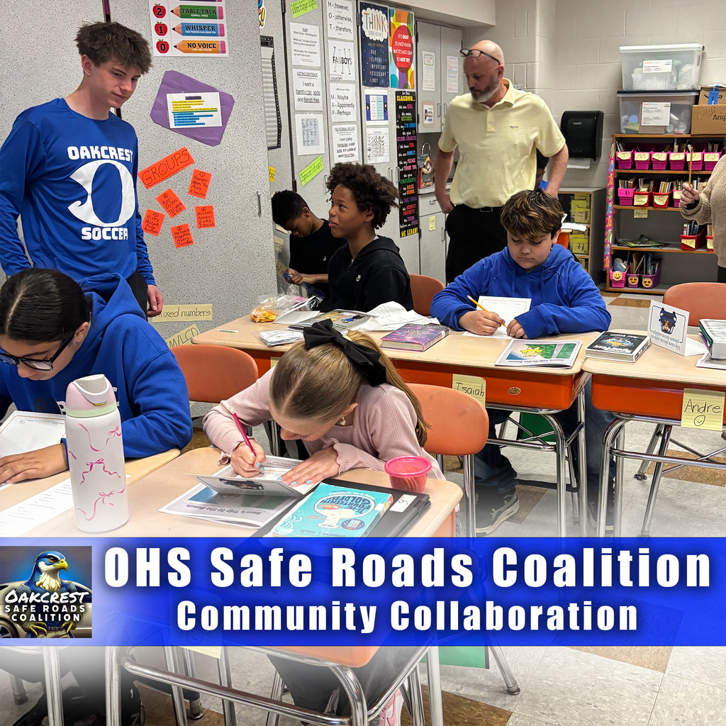 Recently, student leaders, along with advisors Kevin Costello and Jason Thomas from the Oakcrest Safe Roads Coalition traveled to the Hess School to share their campaign and safe roads message with students in 5th grade. Students created posters in art class and participated in activities about speaking up for safety in their school and community.