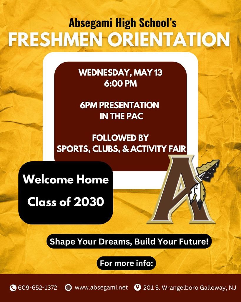 An event flyer for Absegami High School's freshmen orientation, featuring a yellow background and white text.