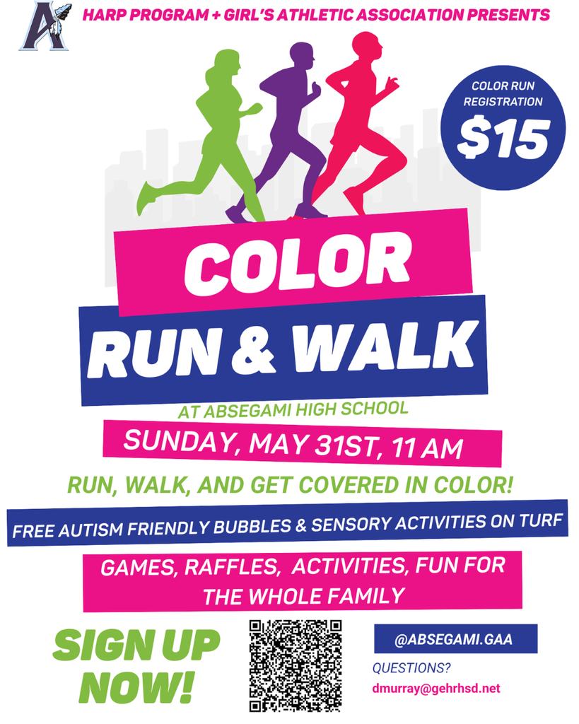 Poster for Color Run and Walk event. Colorful figures run in a city skyline background. Date, location, and activities listed.