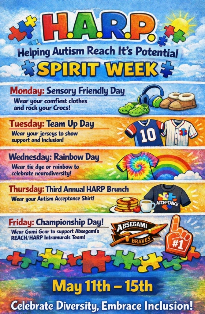 A colorful poster with five sections titled "HARP Spirit Week" from May 11 to 15. Each day has a theme.