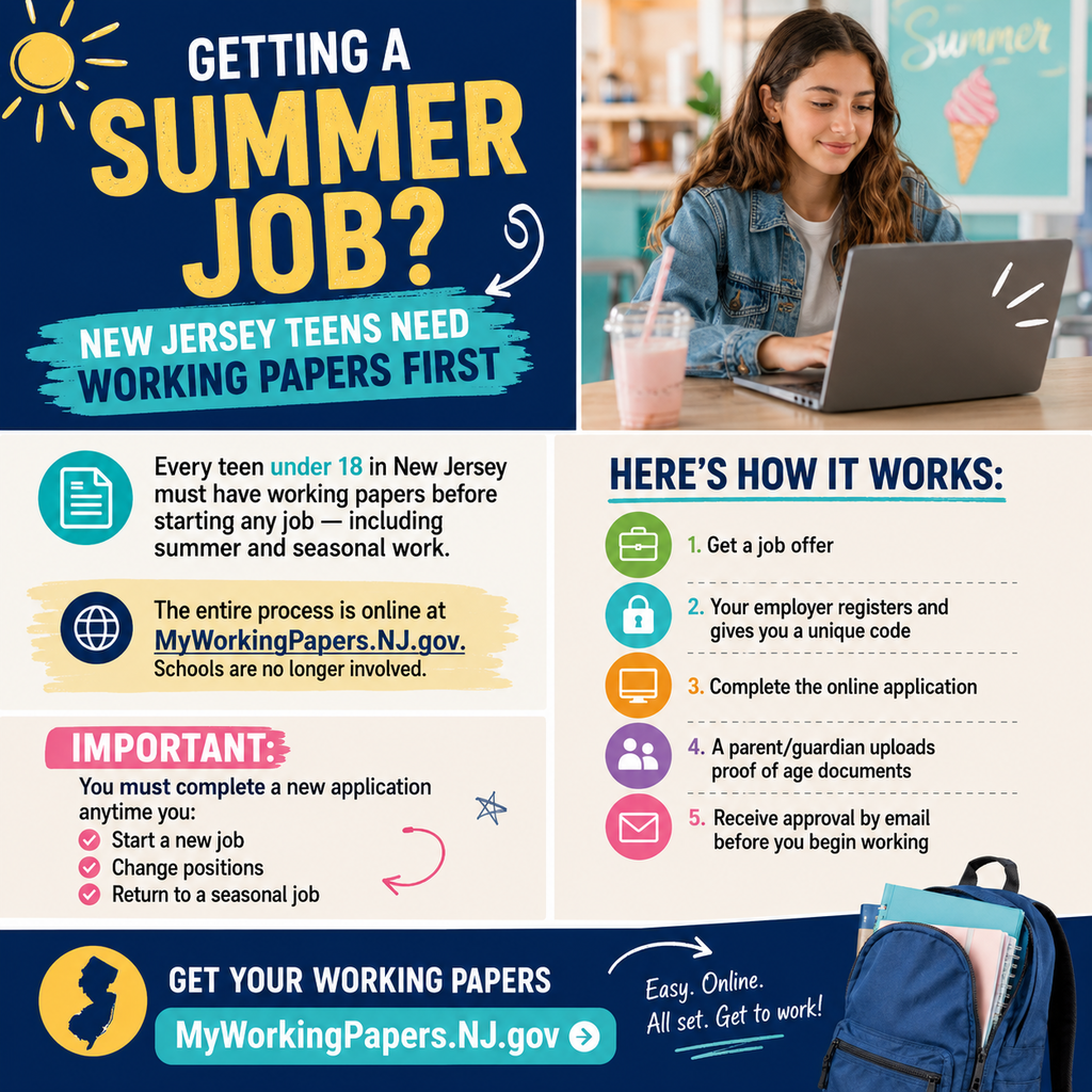 Poster with a photo of a woman using a laptop. Text reads "Getting a summer job? New Jersey teens need working papers first."