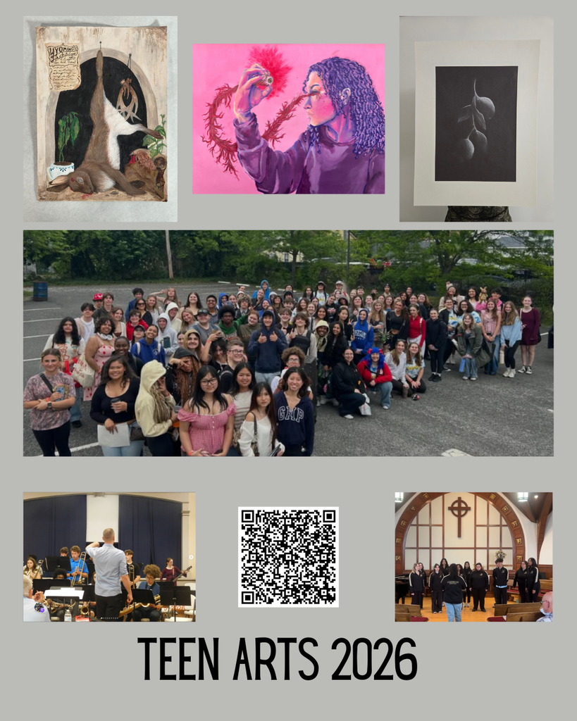 Collage of images featuring artwork, a group photo, a QR code, and a church setting. Text reads "TEEN ARTS 2026."