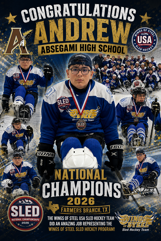 A group of hockey players wearing blue and white jerseys and helmets. One player is in a wheelchair.