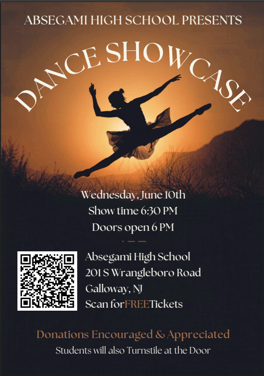 A flyer for Absegami High School's Dance Showcase shows a ballet dancer leaping against a sunset. It includes dates, location, and ticket info.