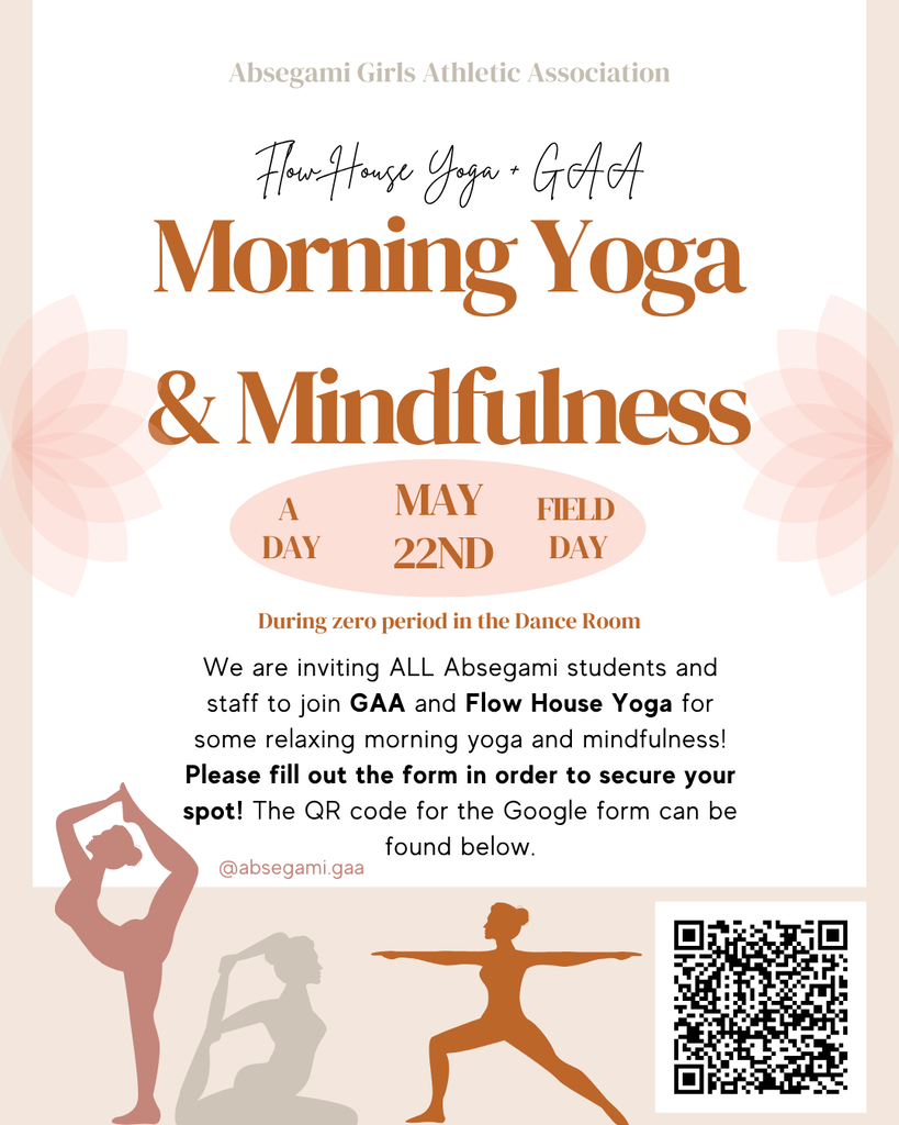 Poster with the text "Morning Yoga & Mindfulness" and a QR code. It features two silhouettes of women doing yoga.