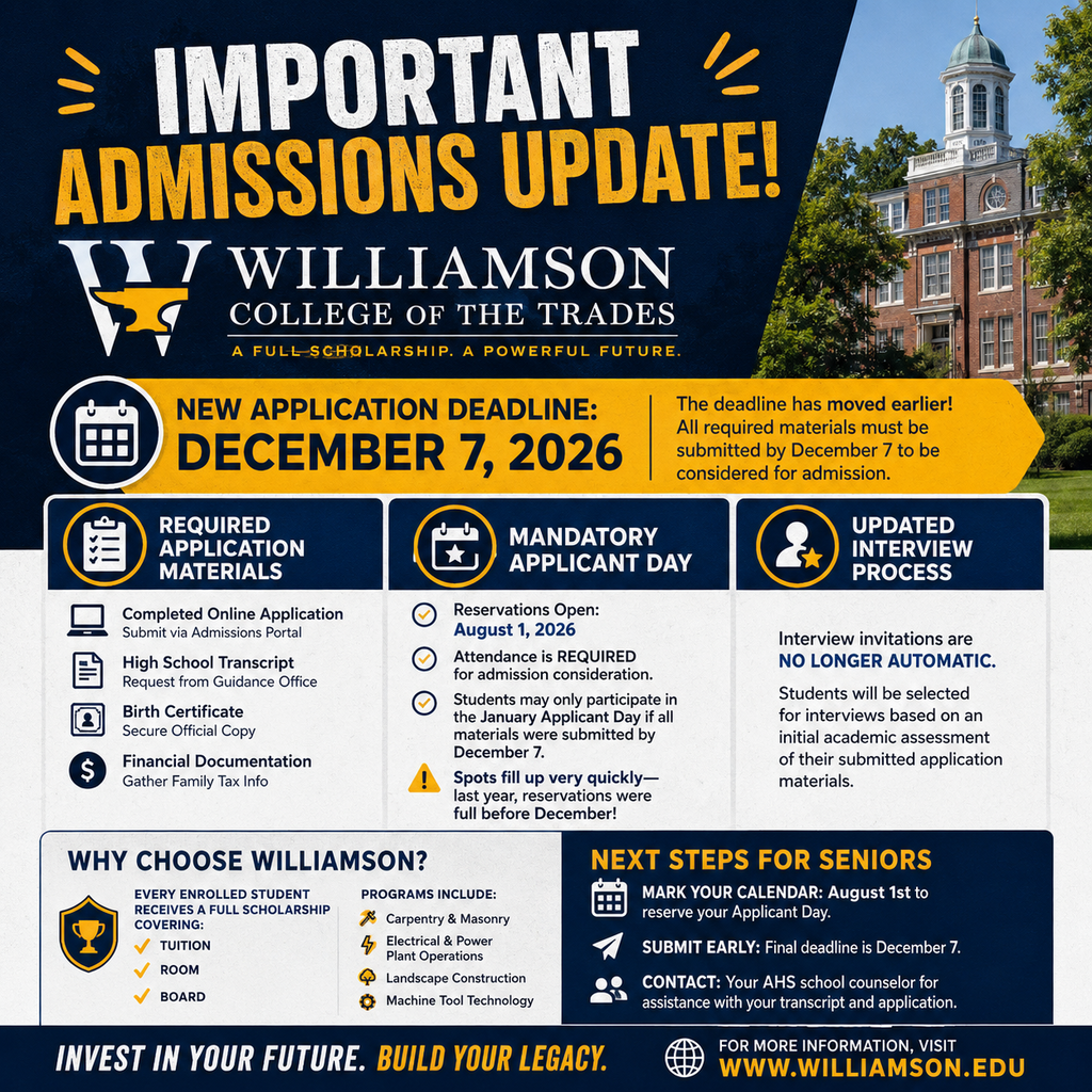 An admissions update from Williamson College of the Trades. It shows a deadline of December 7, 2026.