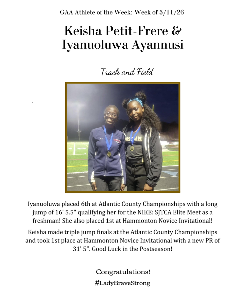 Two athletes stand on a field, wearing medals. Text reads: "Keisha Petit-Frere & Iyanuoluwa Ayannusi." Below, it states their achievements in track and field.