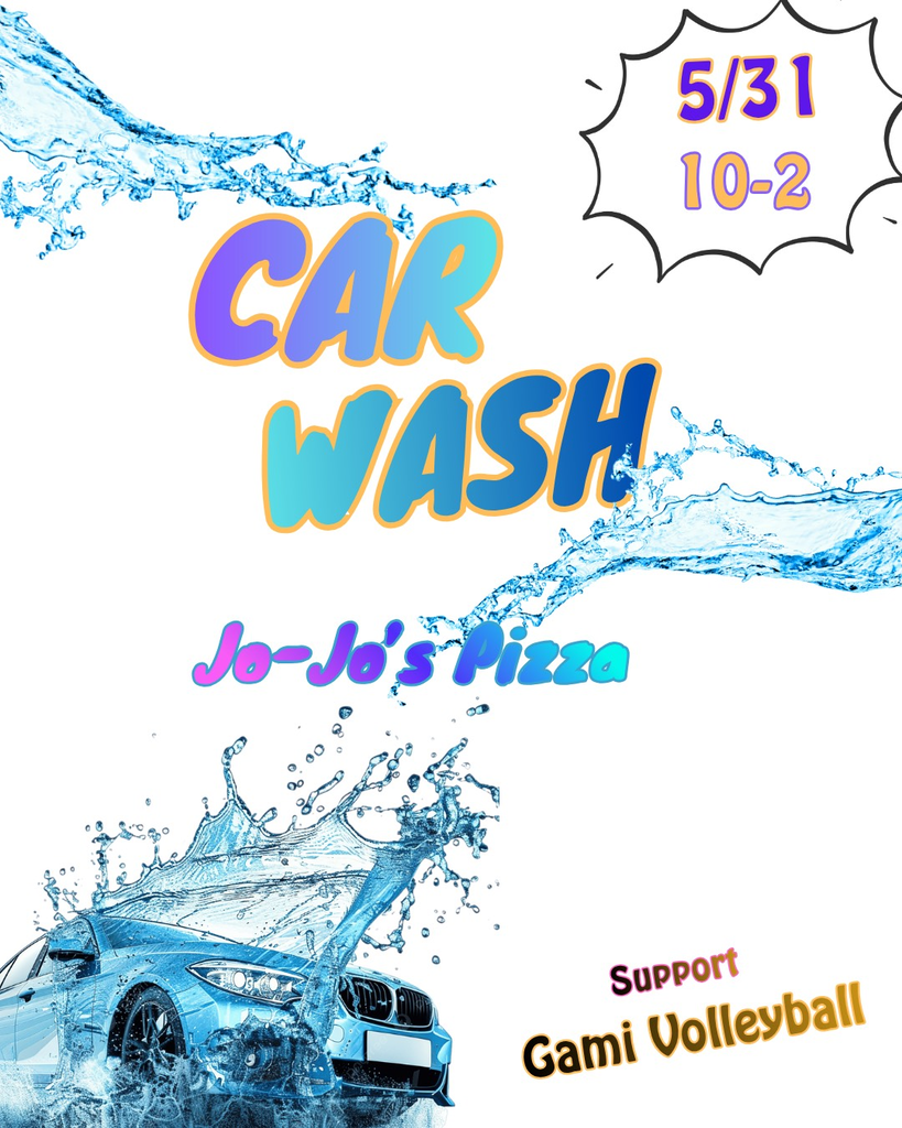A poster for a car wash with a blue car splashing water, text on a white background.