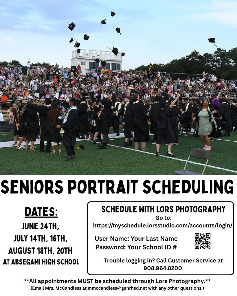 Seniors at Absegami High School throw their caps into the air. Text overlay includes scheduling information for senior portraits.
