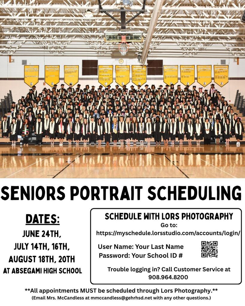 Seniors in caps and gowns gather in a gymnasium for portrait scheduling with information on login details.