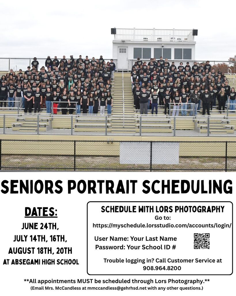 An announcement for seniors portrait scheduling, with a photo of a stadium filled with students in black.