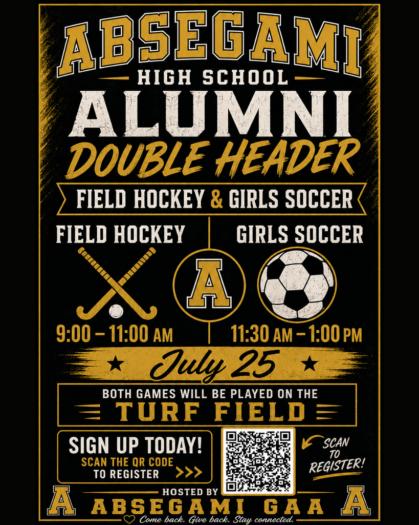 Poster for Absegami High School Alumni with sports event details. Includes times, dates, and a QR code.