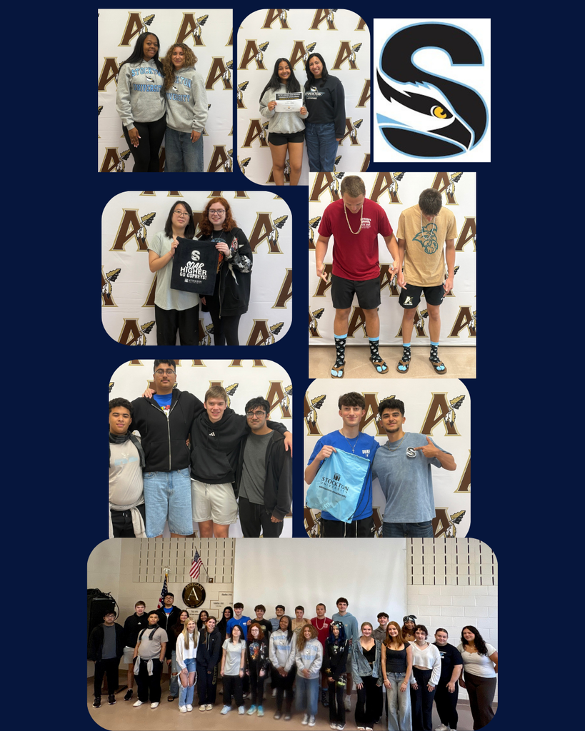 Collage of various groups of students, some standing, others holding items, in front of a blue background with the letter S.
