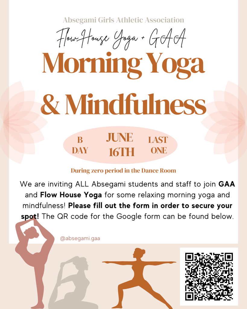 An advertisement for Morning Yoga & Mindfulness event features silhouettes of yoga poses, a QR code, and event details.