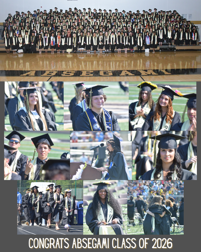 Multiple photos show individuals in graduation attire. One shows a large group on a court.