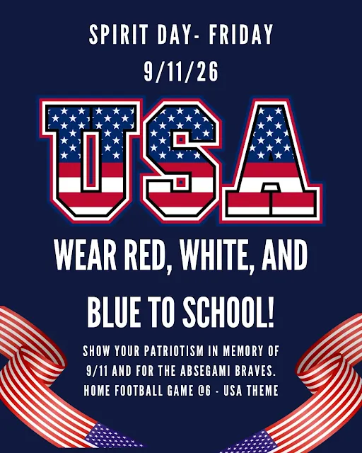 Poster with blue background. USA in red, white, and blue. Below it says "Wear red, white, and blue to school!" with red, white, and blue ribbons.