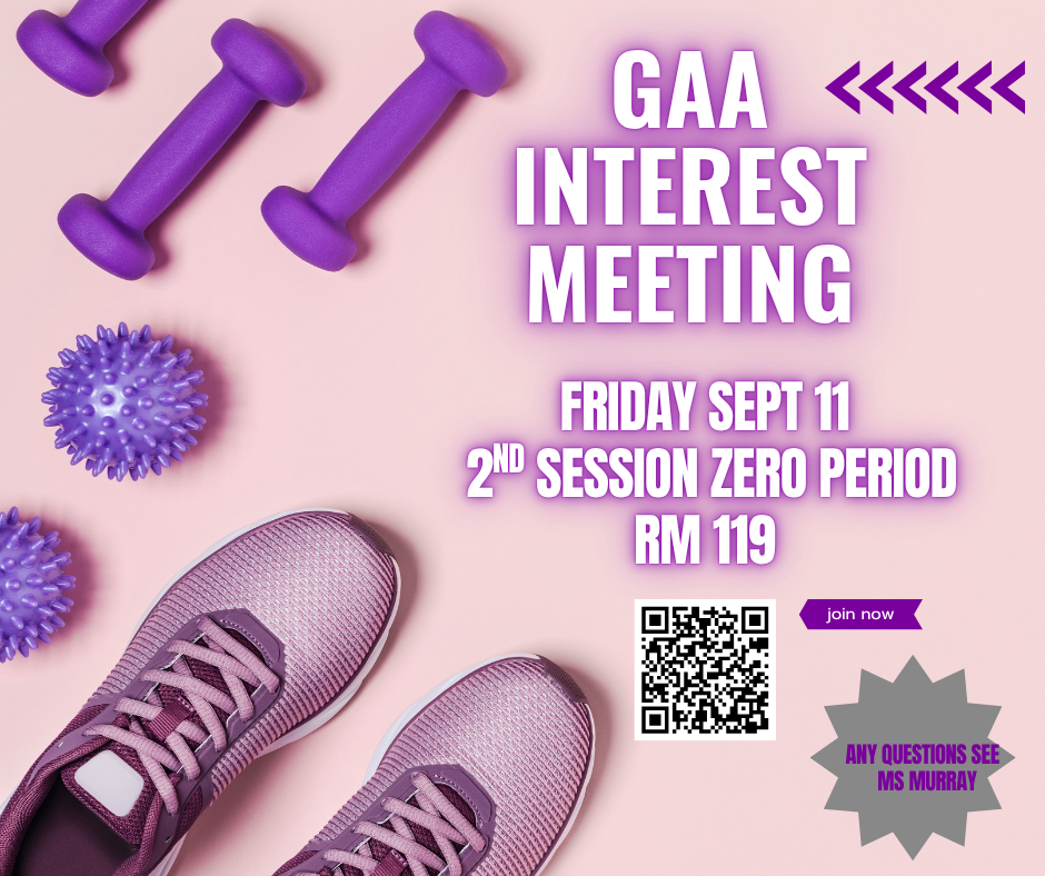 Purple gym equipment and sneakers on a pink background. "GAA Interest Meeting" text above. QR code for joining.