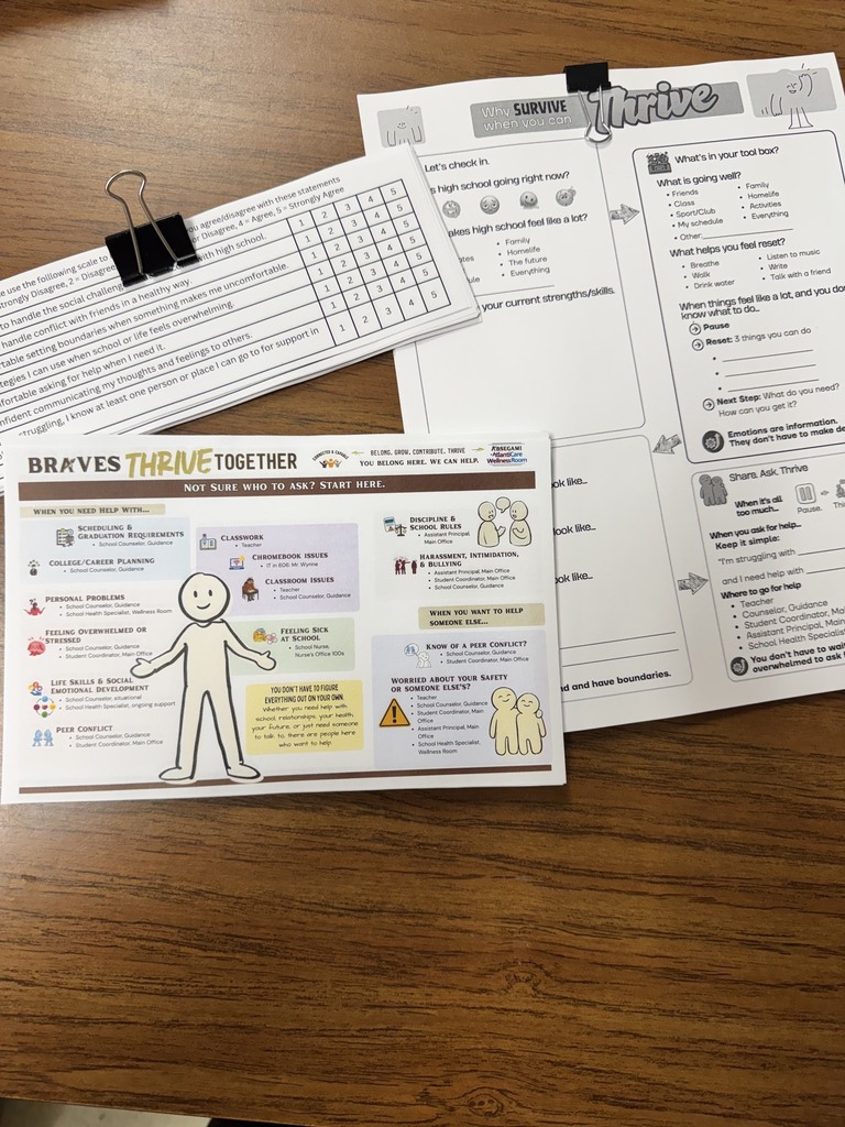A table displays a stack of paper documents, including a checklist and an informational sheet titled "Braves Thrive Together" with diagrams.