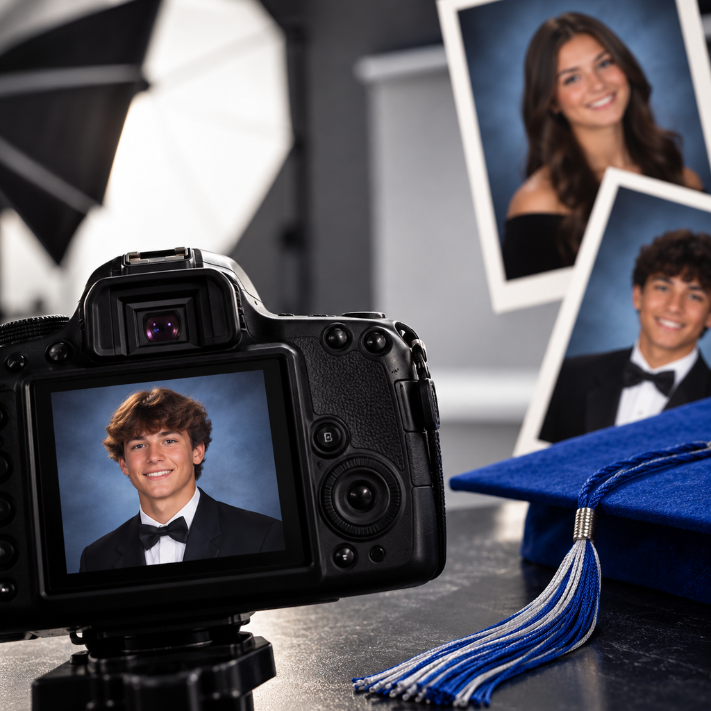 Black camera with picture of young man in suit. Behind camera, two photos of young adults. One photo shows a graduation cap.