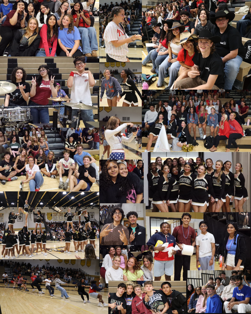 A collage of photos captures various moments of a school event, featuring students and cheerleaders in a gym.