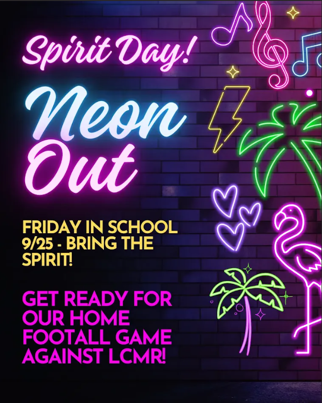 Neon lights with musical notes and a lightning bolt on a brick wall. Text: Spirit Day! Neon Out.