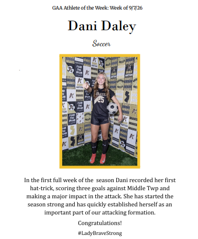 A poster displays a soccer player with a yellow border. Text reads "Dani Daley" and "GAA Athlete of the Week."