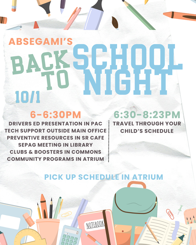 An event poster for Absegami's Back to School Night, with school supplies like pens, pencils, and notebooks.